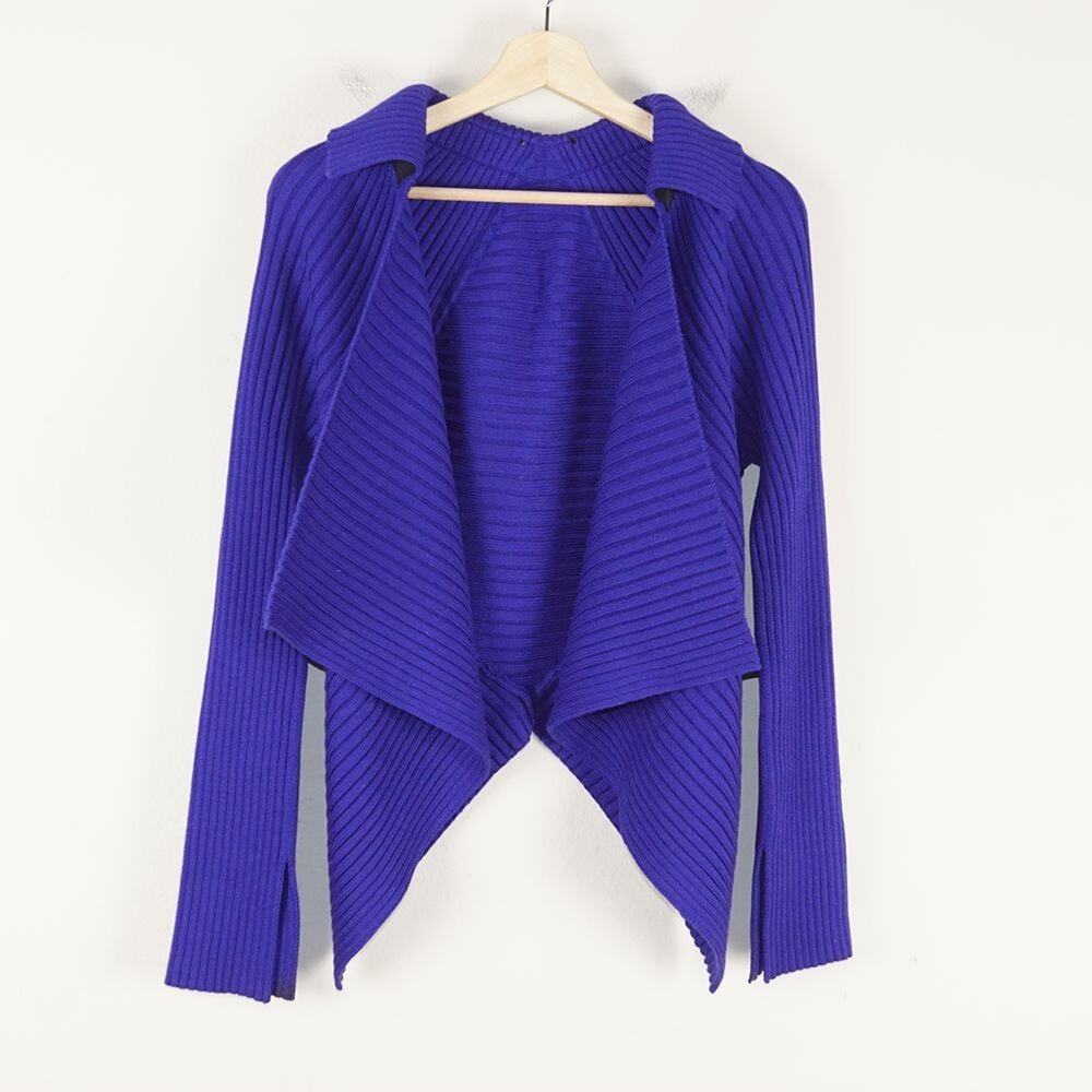 Shes So Knit 100% Merino Wool Heavyweight Blue Ribbed Open Cardigan US L / IT 46